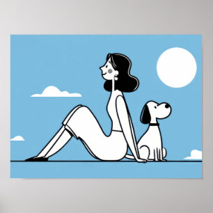 Affiche Femme assise avec chien sous la lune