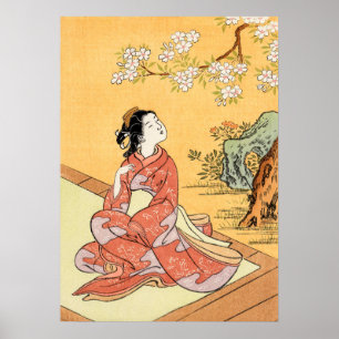 Affiche Femme assise sous les fleurs de cerisier