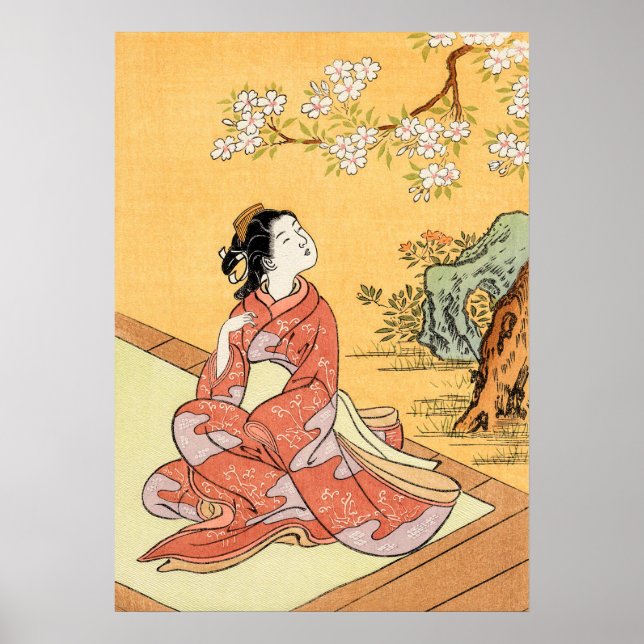 Affiche Femme assise sous les fleurs de cerisier (Devant)