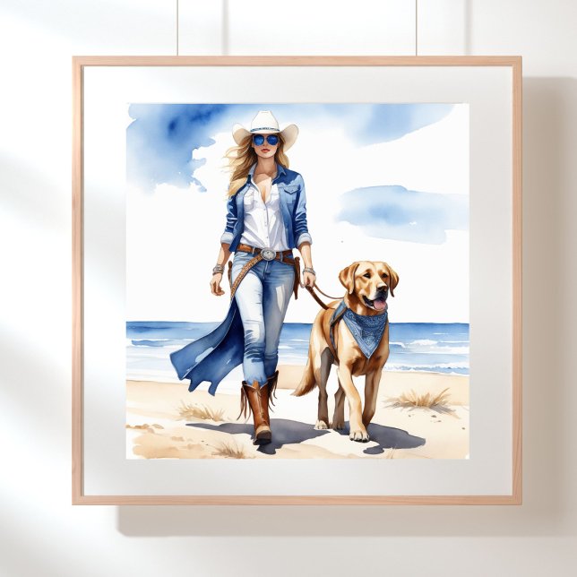 Affiche Femme au bord de la mer à Denim avec un chien sur  (Coastal cowgirl in denim walking on the beach with a dog)