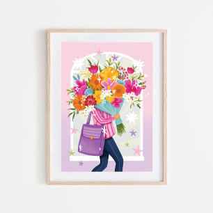 Affiche Femme au bouquet floral Illustration colorée