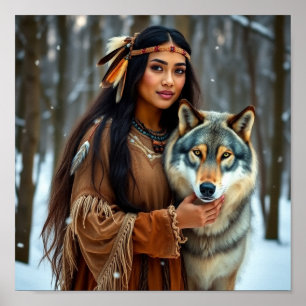 Affiche Femme autochtone avec son loup