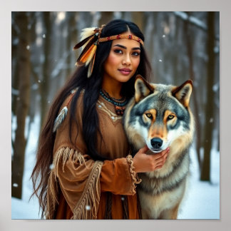 Affiche Femme autochtone avec son loup