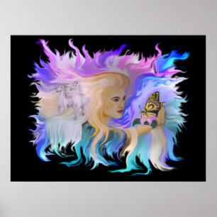 Affiche Femme avec cheval et papillon