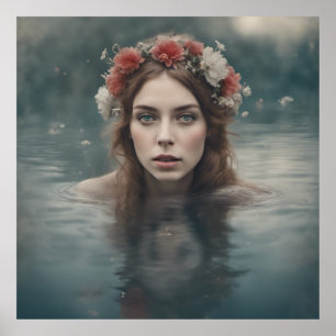 Affiche Femme avec des fleurs sur la tête flottant dans un