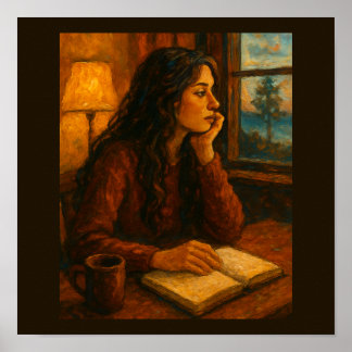 Affiche Femme avec journal regardant par la fenêtre