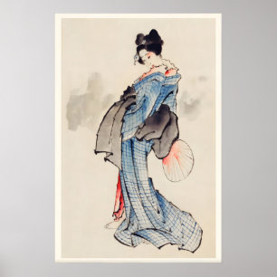 Affiche Femme avec kimono à motif à carreaux Art fin japon