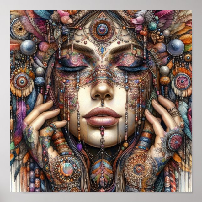 Affiche Femme avec ornementation tribale élaborée (Devant)