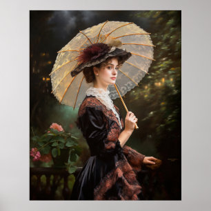 Affiche Femme avec parasol marchant dans le jardin