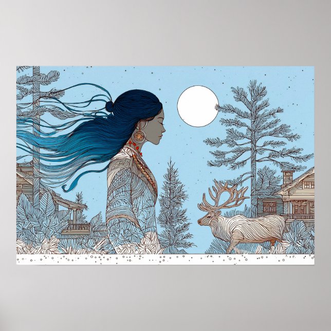 Affiche Femme avec rennes dans la neige par cabine (Devant)