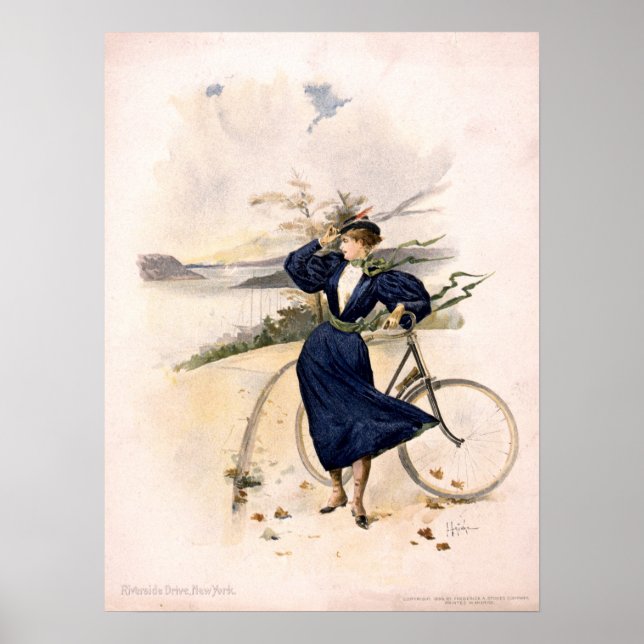 Affiche Femme avec vélo à Riverside Drive, New York (Devant)