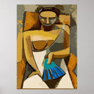 Affiche Femme avec ventilateur bleu, ajouter du texte