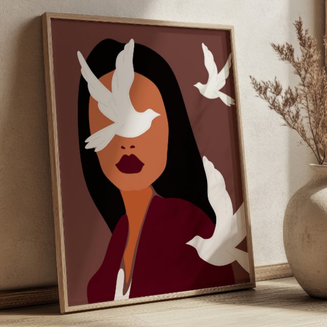 Affiche Femme Boho Chic avec des Colombes Blanches Art Min (Créateur téléchargé)