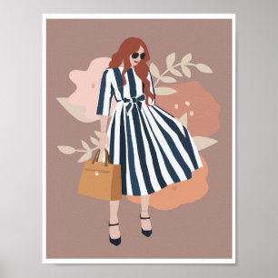 Affiche Femme Boho Robe Rayée Bleue Art Floral Mode