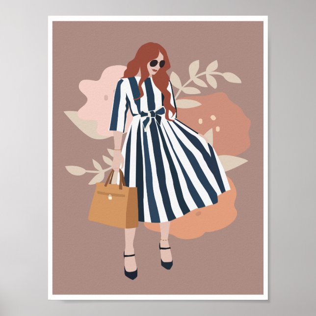 Affiche Femme Boho Robe Rayée Bleue Art Floral Mode (Devant)