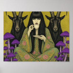 Affiche Femme boit du thé avec deux chèvres noires