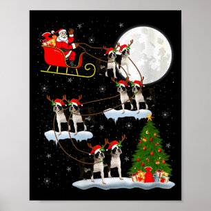 Affiche Femme Boston Terrier Chien Père Noël Traîneau Vola