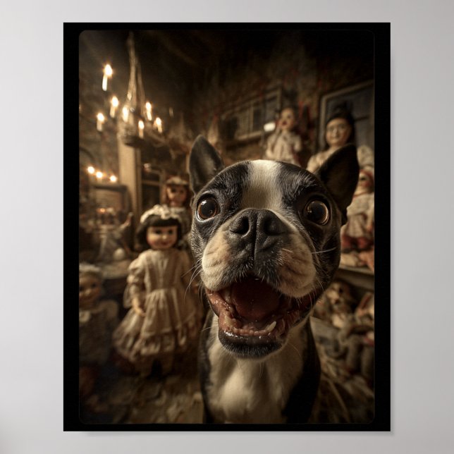 Affiche Femme Boston Terrier Selfie Avec Y Poupées Effraya (Devant)