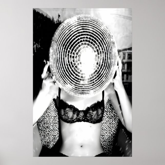 Affiche Femme boule disco impression, Noir et Blanc, Funky (Devant)
