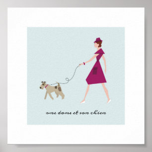 Affiche Femme branchée marchant son fil Fox Terrier