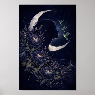 Affiche Femme céleste Silhouette avec fleurs et colibri