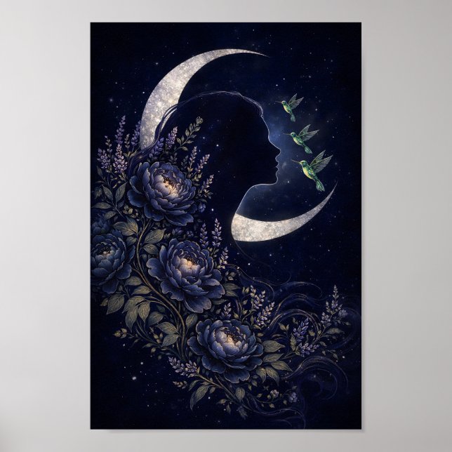 Affiche Femme céleste Silhouette avec fleurs et colibri (Devant)
