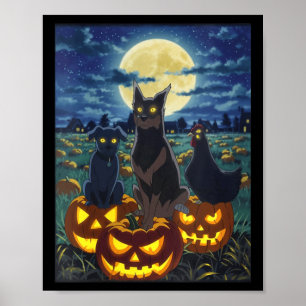 Affiche Femme Chat Noir Chien Poulet Halloween Citrouille