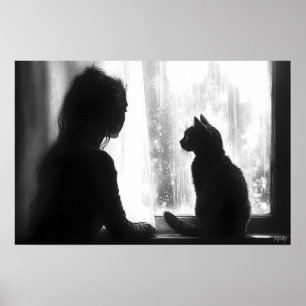Affiche Femme contemplative avec chat sous la pluie près d