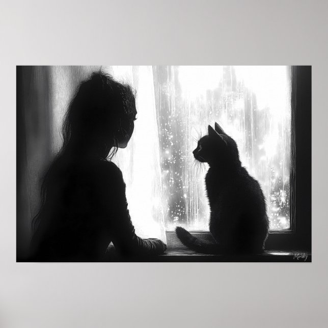 Affiche Femme contemplative avec chat sous la pluie près d (Devant)