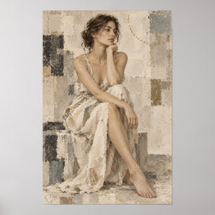 Affiche Femme contemplative en robe blanche Abstrac neutre
