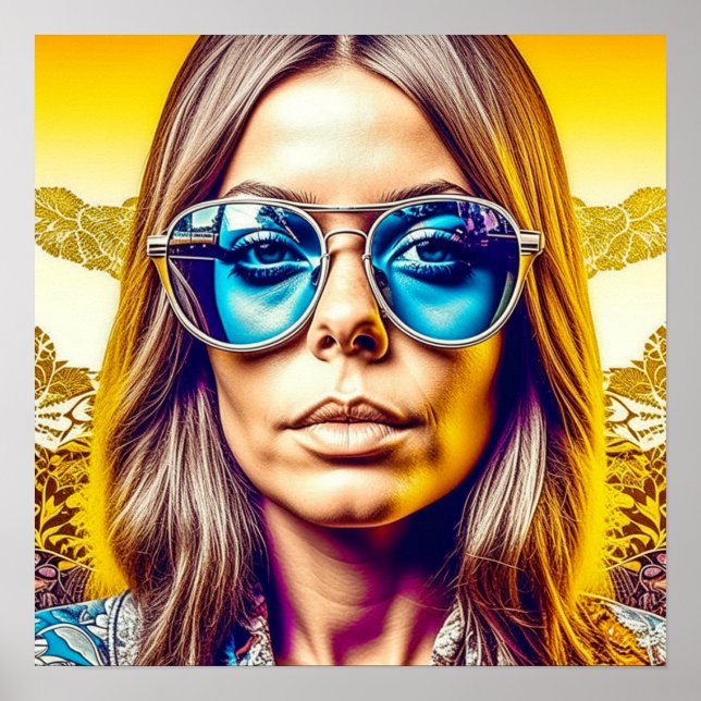 Affiche Femme cool en lunettes de soleil bleues (Devant)