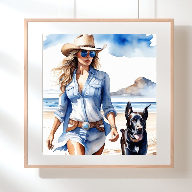 Affiche Femme côtière portant une robe Denim sur la plage (Coastal cowgirl wearing a denim dress walking on the beach with a dog)