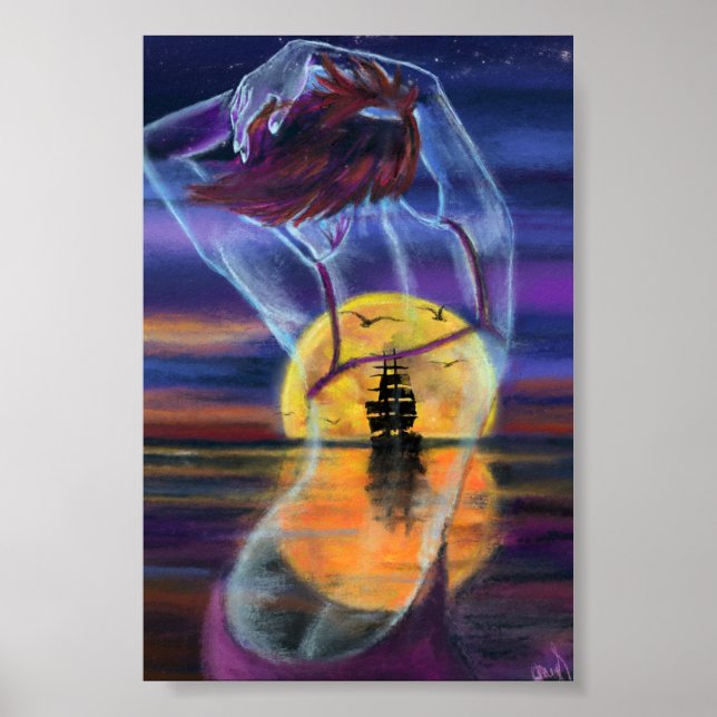 Affiche Femme Coucher de Soleil sur Mer (Devant)