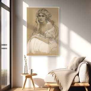 Affiche Femme crayon blanc Crayon Portrait Étude Mucha
