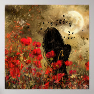 Affiche Femme dans un champ de coquelicots - Œuvre d'art o
