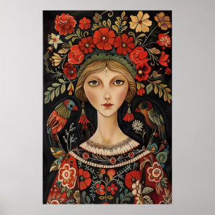 Affiche Femme d'art populaire d'Europe de l'Est vibrante a