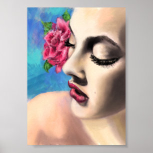 Affiche Femme de beauté avec rose rouge - Peinture origina