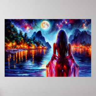 Affiche Femme de fantaisie tropicale au clair de lune au p