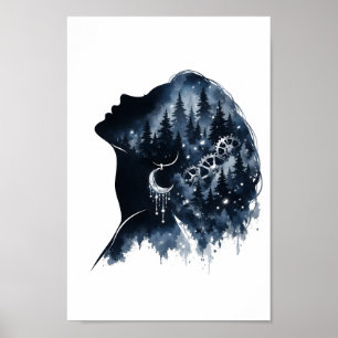 Affiche Femme de la forêt céleste Silhouette Art aquarelle
