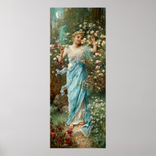 Affiche Femme de Nouveau d'art en fleurs sous un croissant