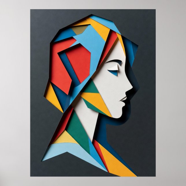 Affiche Femme de profil en papier découpé géométrique (Devant)