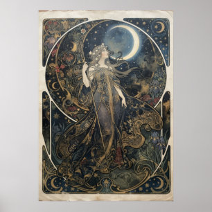 Affiche Femme déesse lunaire Art Nouveau Céleste Floral Po