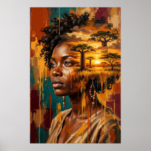 Affiche Femme Double Exposition Coucher de Soleil Savane A
