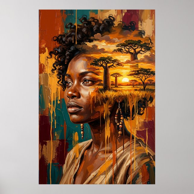 Affiche Femme Double Exposition Coucher de Soleil Savane A (Devant)