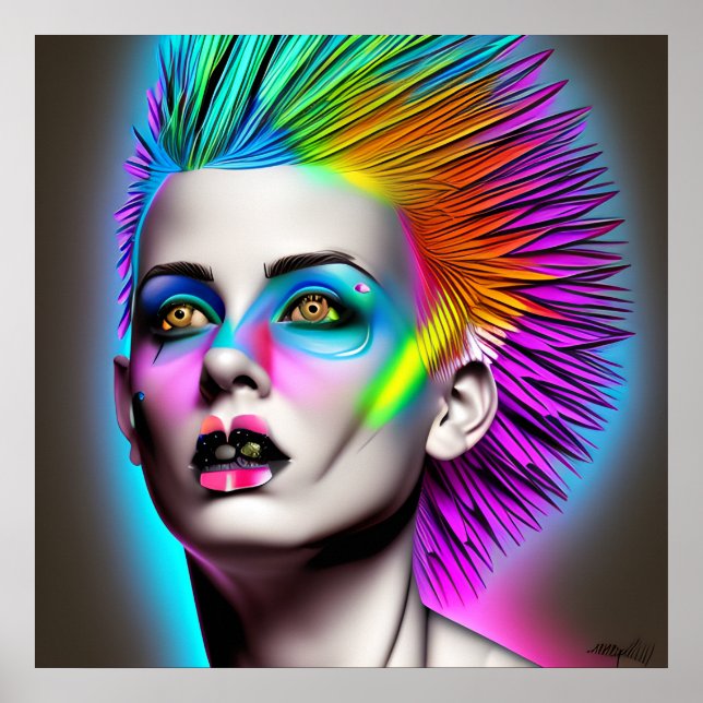 Affiche Femme dystopique avec Rainbow Mohawk Ai Art (Devant)