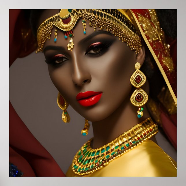 Affiche Femme égyptienne Foulard exotique or vert bleu (Devant)