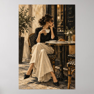 Affiche Femme Élégante au Café avec Café et Croissant Wa