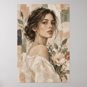 Affiche Femme élégante avec fleurs figuratives neutres dou