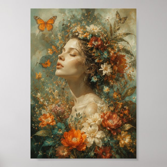 Affiche Femme Élégante dans un Portrait de Mode Botanique (Devant)