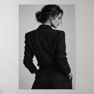 Affiche Femme Élégante en Costume Noir Portrait Monochrome